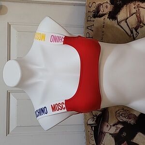 Moschino Swim Red Bralette with Multicolor Logo Straps